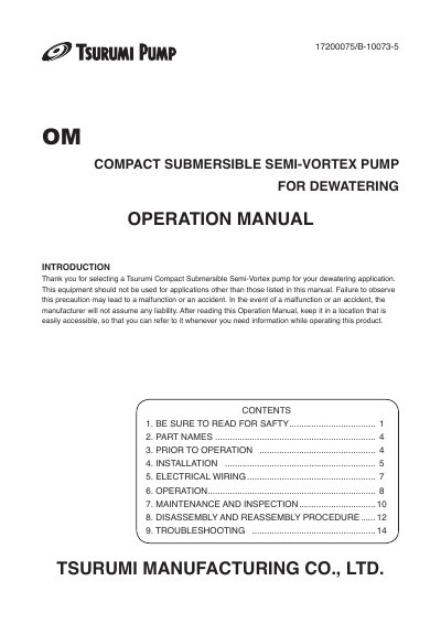 Tsurumi 17200075 Compact Submersible Semi-Vortex Pump Operation Manual