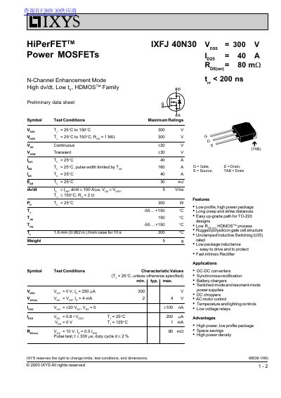 IXYS IXFJ40N30 Power MOSFET Preliminary Data Sheet - cover page
