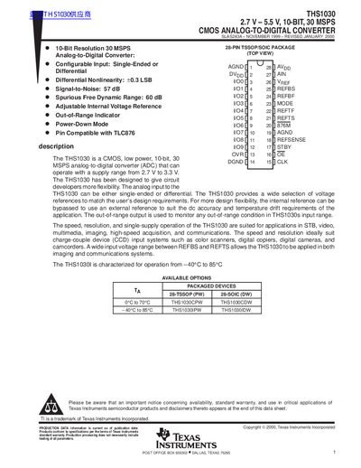 Texas Instruments THS1030 10-Bit 30 MSPS ADC Datasheet - cover page