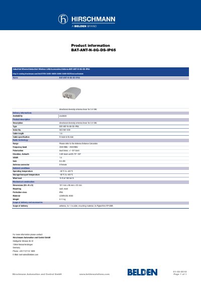 Hirschmann BAT-ANT-N-8G-DS-IP65 Directional Diversity Antenna Datasheet - cover page