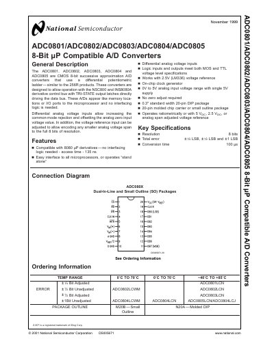 National Semiconductor ADC0801/ADC0802/ADC0803/ADC0804/ADC0805 8‑Bit µP Compatible A/D Converters Datasheet - cover page