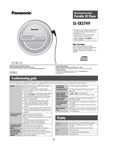 Panasonic SL-SK574V Portable CD Player Operating Instructions - cover page