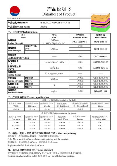 Sunrise PET12/AD (EVOH-EVA) 75 Product Datasheet