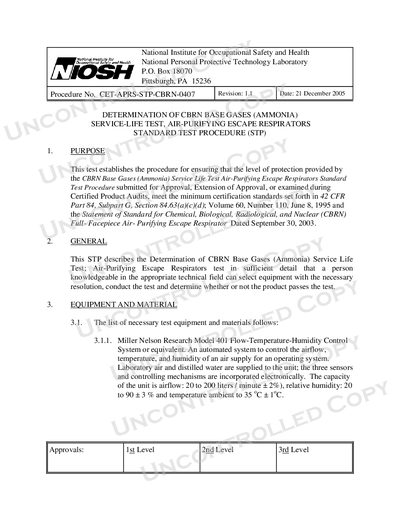 NIOSH CET-APRS-STP-CBRN-0407 Standard Test Procedure