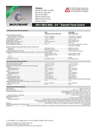 Bourns 3851/3852/3856 3/4" Diameter Panel Potentiometer Datasheet - cover page