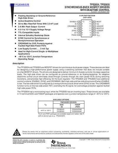 Texas Instruments TPS2834/TPS2835 Synchronous-Buck MOSFET Drivers Data Sheet - cover page