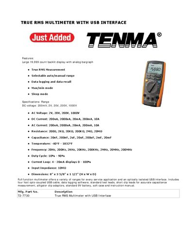 Tenma True RMS Multimeter with USB Interface Product Leaflet - cover page