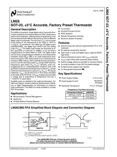 NATIONAL SEMICONDUCTOR -LM26 SOT-23 &plusmn;3&deg;C Accurate Factory Preset Thermostat handbook - cover page