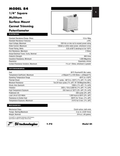 Bil technologies 84 1/4" Square Multiturn Surface Mount Cermet Trimming Potentiometer Datasheet - cover page
