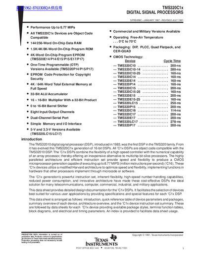 Texas Instruments TMS320C1x Digital Signal Processor Datasheet - cover page