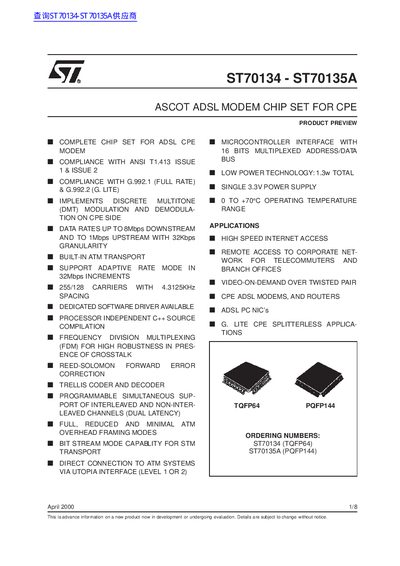 STMicroelectronics ST70134 / ST70135A ASCOT ADSL Modem Chip Set Handbook - cover page