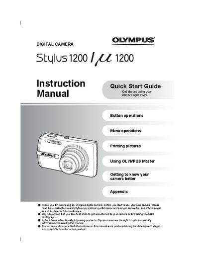 Olympus Stylus 1200 / ZZ 1200 Digital Camera Instruction Quick Start Guide Manual - cover page