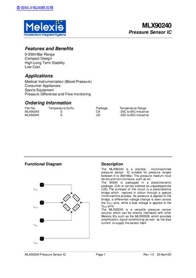 Melexis MLX90240 Pressure Sensor IC Datasheet - cover page
