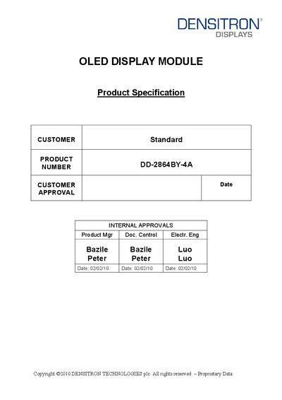 Densitron DD-2864BY-4A OLED Display Module Product Specification - cover page