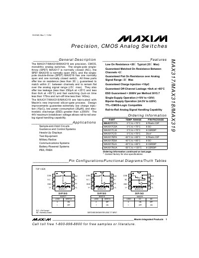Maxim MAX317/MAX318/MAX319 Precision CMOS Analog Switches Datasheet - cover page