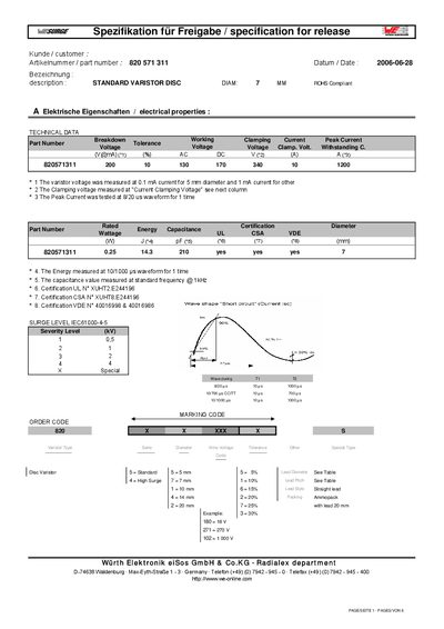 Wurth Elektronik 820571311 Varistor Specification for Release - cover page