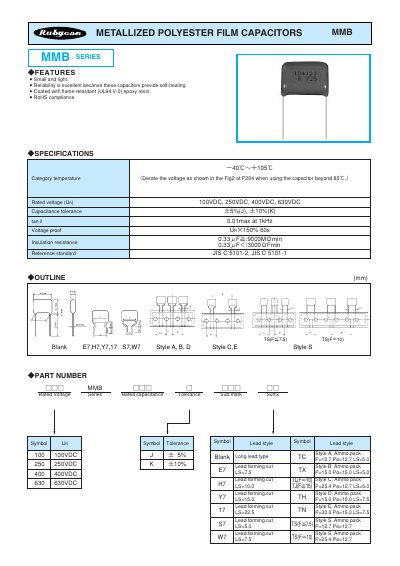 Rubycon MMB Series Metallized Polyester Film Capacitors Datasheet - cover page