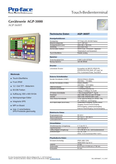 Pro-face AGP-3600T Touch Panel Technical Data Sheet - cover page