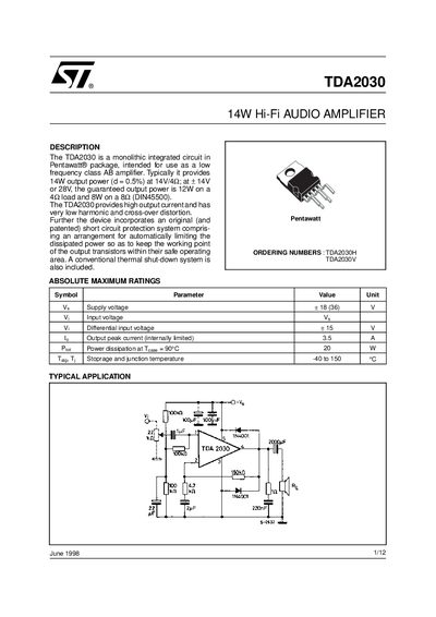 STMicroelectronics TDA2030 Datasheet - cover page