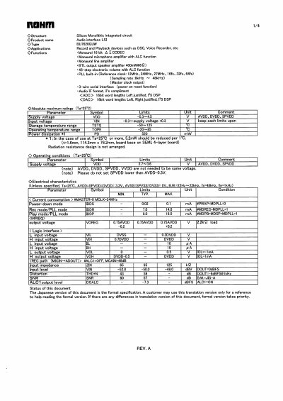 ROHM BU7620GUW Audio Codec Datasheet - cover page