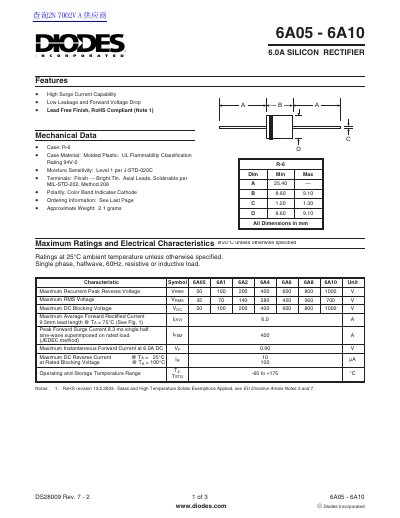 Diodes Incorporated 6A05 - 6A10 6.0A Silicon Rectifier Datasheet - cover page