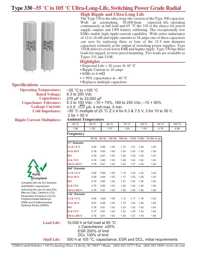CDM Cornell Dubilier 140 Technology Type 330 55 &deg;C to 105 &deg;C Ultra-Long-Life Switching Power Grade Radial - cover page