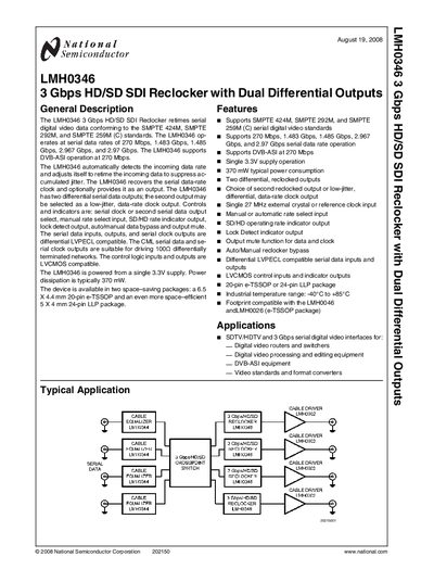National Semiconductor LMH0346 3 Gbps HD/SD SDI Reclocker Datasheet - cover page