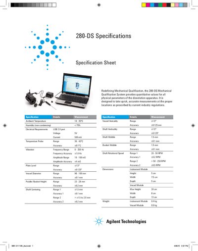 Agilent 280-DS Mechanical Qualification System Specification Sheet
