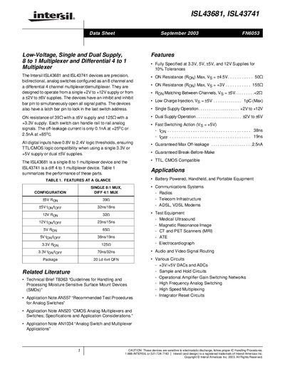 Intersil ISL43681/ISL43741 Datasheet - cover page