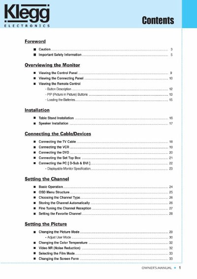Klegg TV Owner's Manual - cover page