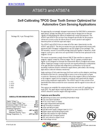 Allegro MicroSystems ATS673/ATS674 Self-Calibrating TPOS Gear Tooth Sensor Datasheet - cover page