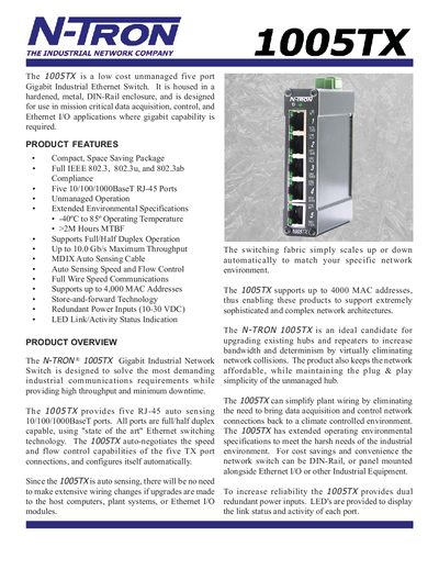 N-TRON 1005TX Industrial Ethernet Switch Product Data Sheet - cover page