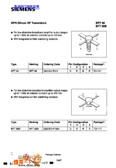 Siemens BFT 98/BFT 98B NPN Silicon RF Transistors Datasheet - cover page
