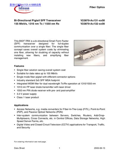 infineon Bi-Directional Pigtail SFF Transceiver 155 Mbit/s 1310 nm Tx 1550 nm Rx V23870-Ax131-xx00 V23870-Ax132-xx00 handbook - cover page