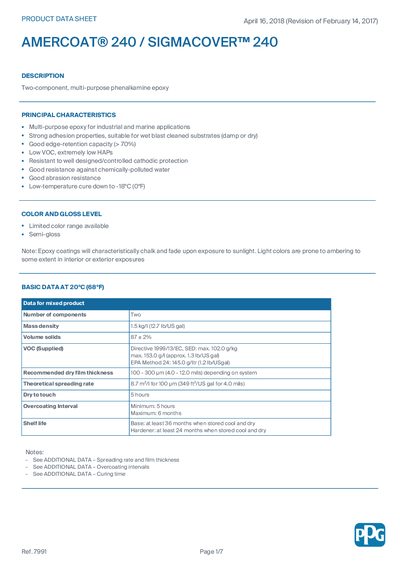 PPG AMERCOAT 240 / SIGMACOVER 240 Product Data Sheet - cover page