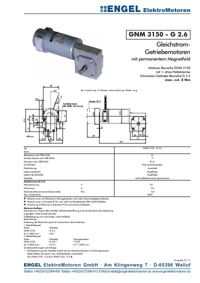 ENGEL GNM 3150-G2.6 DC Gearmotor Technical Data Sheet - cover page
