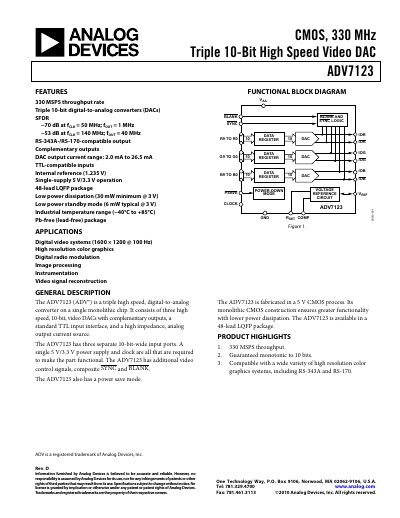 ANALOG DEVICES CMOS 330 MHz Triple 10-Bit High Speed Video DAC ADV7123 English products handbook Rev D - cover page