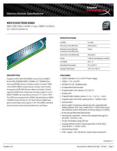 Kingston KHX1333C7D3K3/6GX Memory Module Specifications