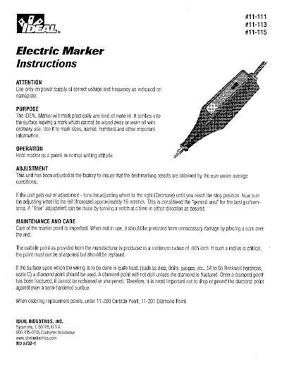 IDEAL 11-11X Electric Marker Instructions - cover page