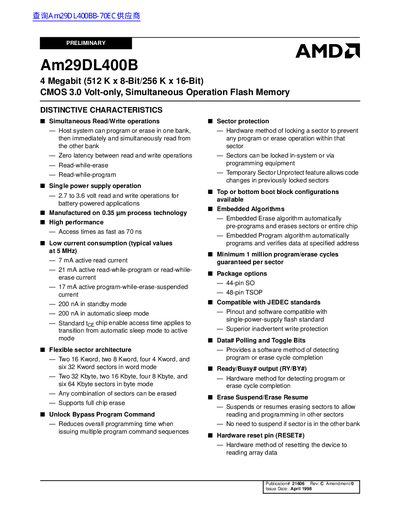 AMD Am29DL400B Flash Memory Datasheet - cover page