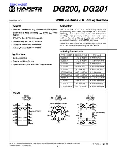 Harris Semiconductor DG200/DG201 CMOS Dual/Quad SPST Analog Switches Datasheet - cover page