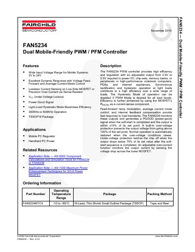 Fairchild Semiconductor FAN5234 Dual Mobile-Friendly PWM/PFM Controller Datasheet - cover page