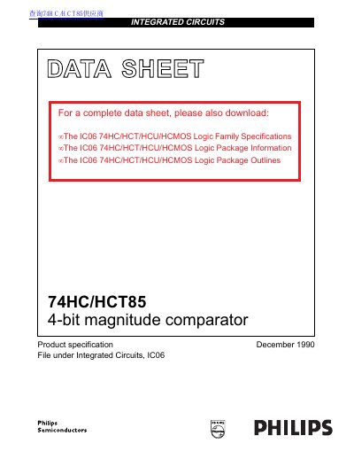 Philips 74HC/HCT85 4-bit Magnitude Comparator Datasheet - cover page