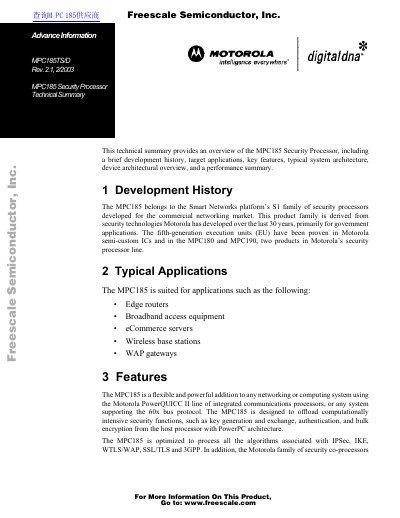Freescale MPC185TS/D Security Processor Technical Summary - cover page