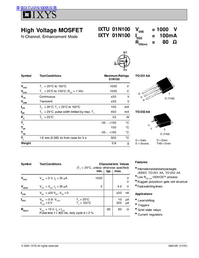 IXYS 01N100 High Voltage MOSFET Datasheet