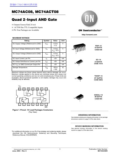 ON Semiconductor MC74AC08/MC74ACT08 Quad 2-Input AND Gate Datasheet - cover page