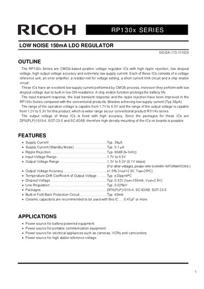 Ricoh RP130x Series Low Noise LDO Regulator Datasheet - cover page