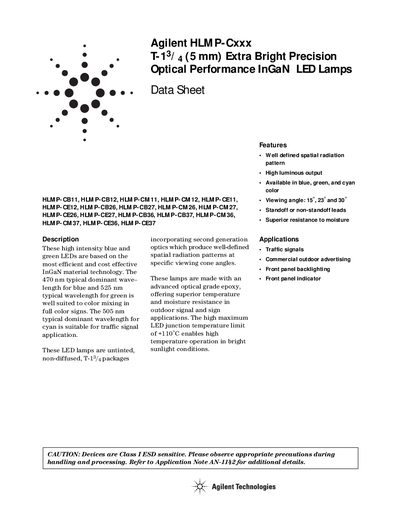 Agilent HLMP-Cxxx T-1 3/4 (5 mm) InGaN LED Lamps Data Sheet - cover page