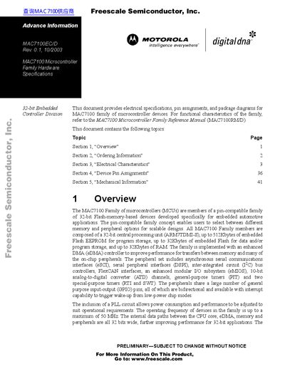 Motorola MAC7100EC/D Microcontroller Hardware Specifications - cover page