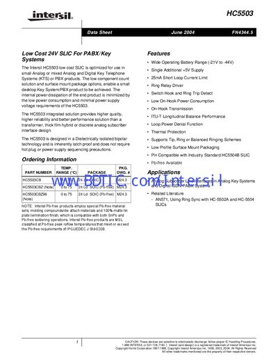 Intersil HC5503 SLIC Datasheet - cover page